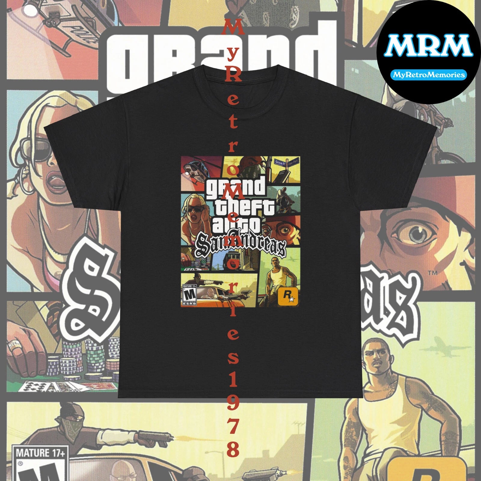 Grand Theft Auto San Andreas GTA Box Art Design Black T-Shirt S-5XL Retro Tee