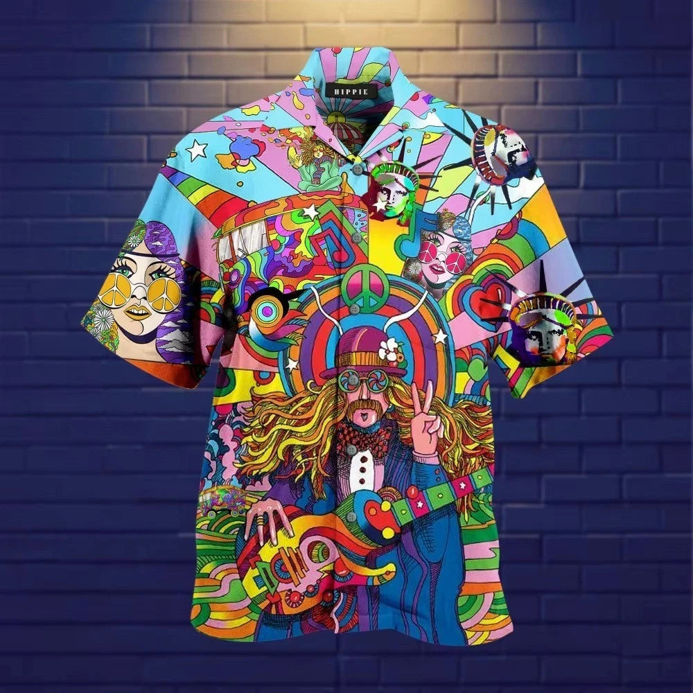 Mens Button Down Psychedelic Hippie Graphic Hawaiian Top Novelty Holiday Shirt