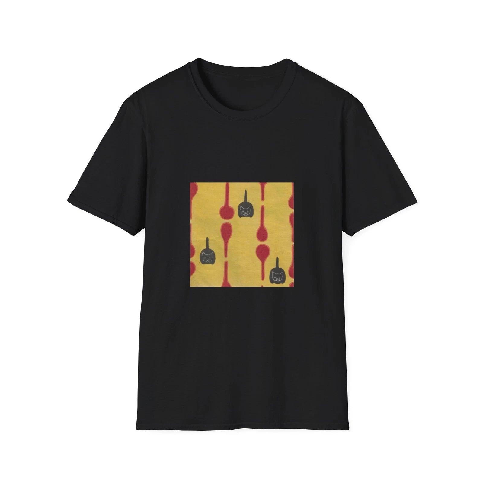 Zen Japanese Black Cat Pattern T-Shirt – Minimalist Retro Neko Tee