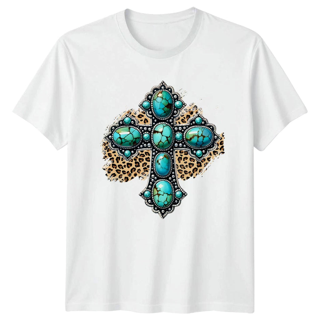 Bohemian Turquoise Cross Leopard Print Womens T-Shirt Cowgirl Boho Western