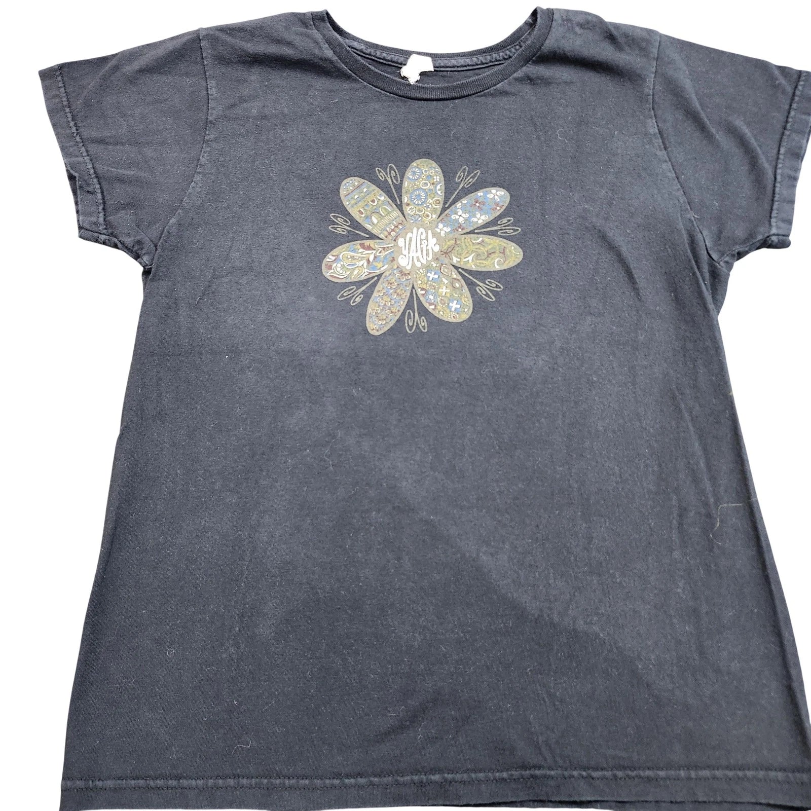 Alstyle Shirt Youth Small Black Yaga Flower Graphic Tee Paisley Boho Retro