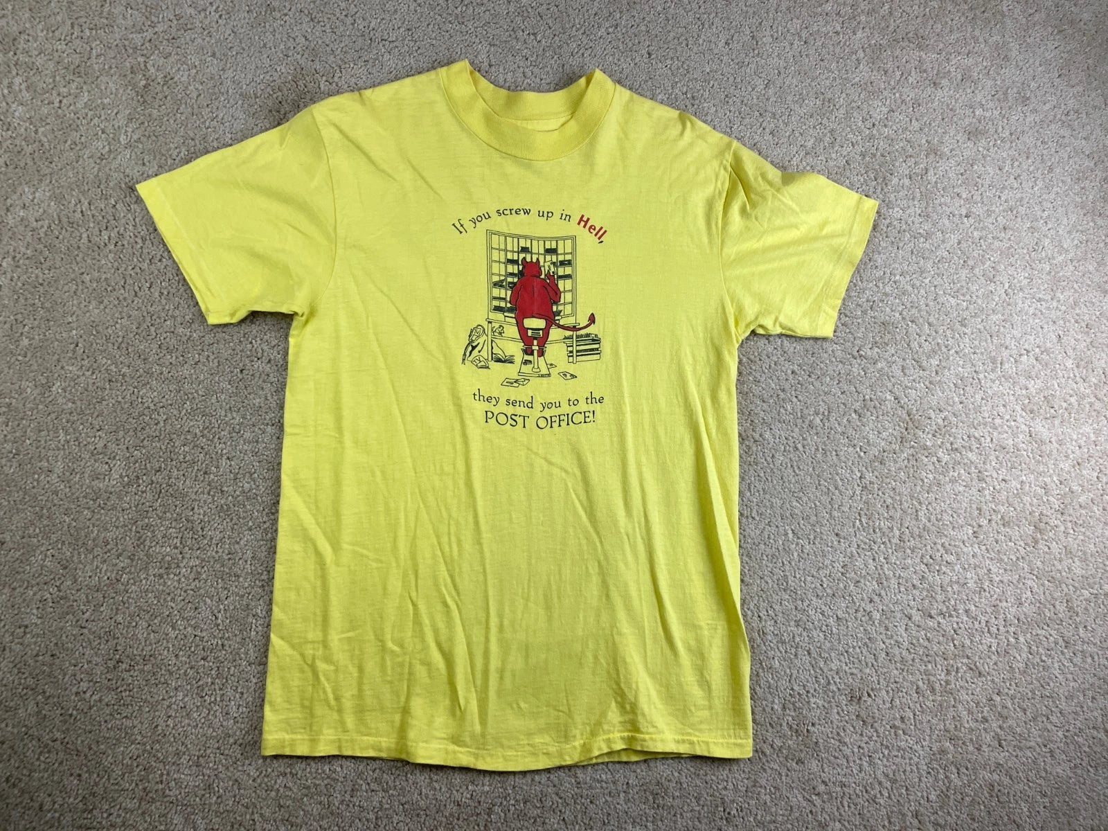 Hanes Beefy-T Shirt Mens Large Single Stitch Devil Post Office Humor Yellow