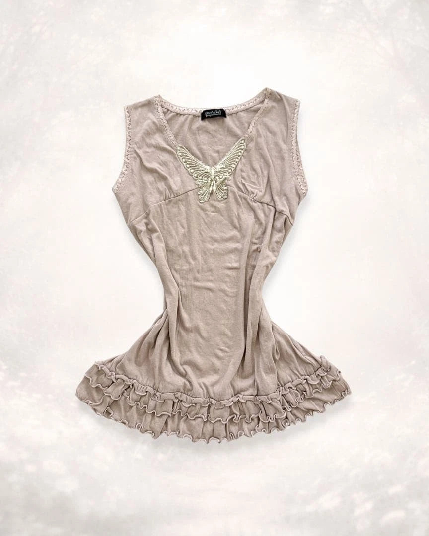 intage Fairy Grunge Forest Girl Embroidered Butterfly Ruffle Top