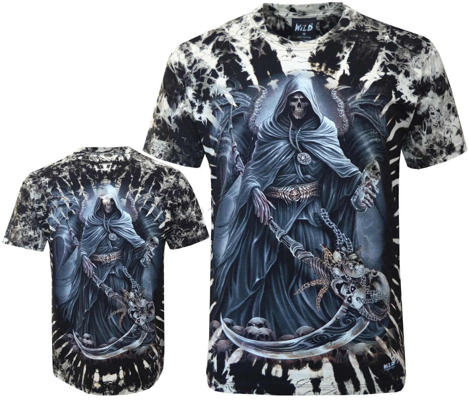 Tie Dye T-Shirt Grim Reaper w/ Dragon Wings Scythe Hourglass Glow inDark by Wild