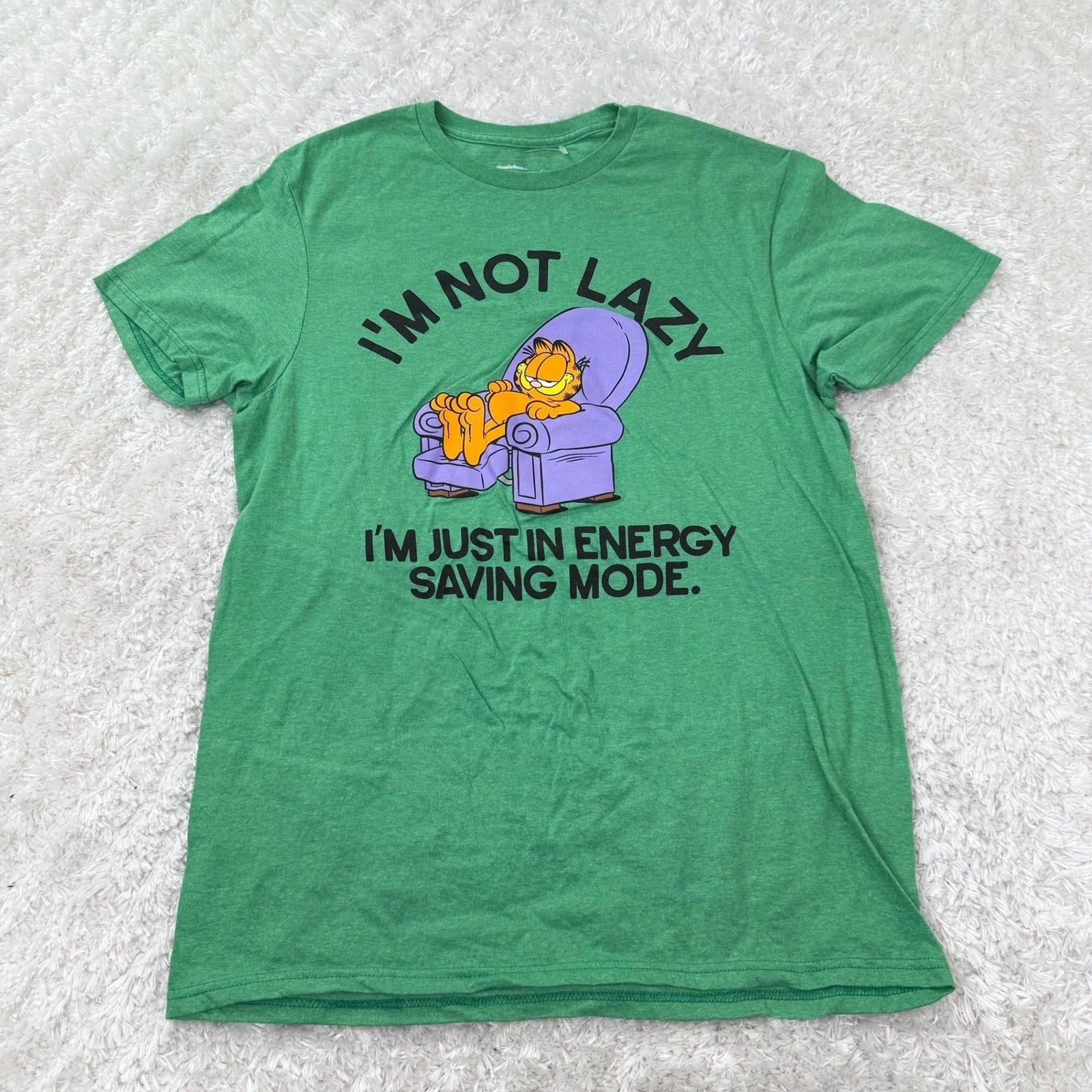 Garfield Graphic T-Shirt Men's Medium I'm Not Lazy Energy Saving Mode Green Tee