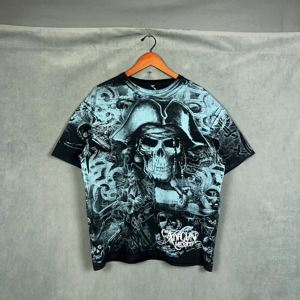 Y2K Mexico Cancun Pirates Skulls t shirt Mens Size XL All Over Print