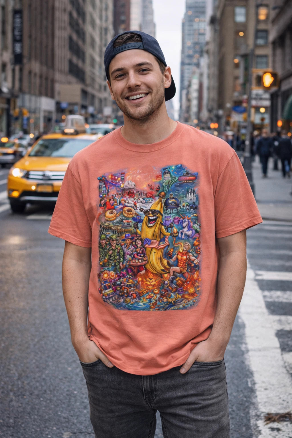 Banana Chaos NYC Graphic T-Shirt Funny Surreal Street Art Tee Bold Cartoon Shirt