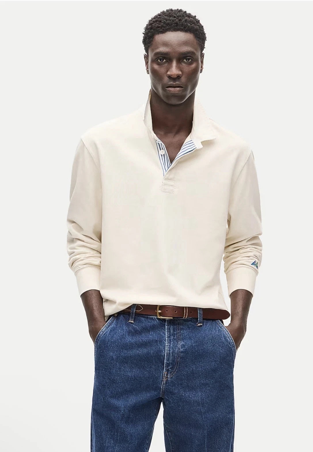 J.Crew Men’s Rugby Shirt Striped Placket Beige XS Long Sleeve Elbow Patch NWT