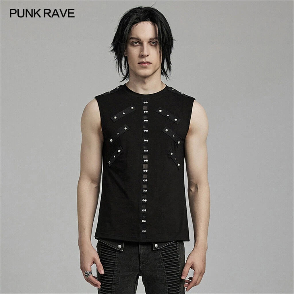 PUNK RAVE Men Black Punk Rock Gothic Steampunk Sleeveless Tops Tank Vest