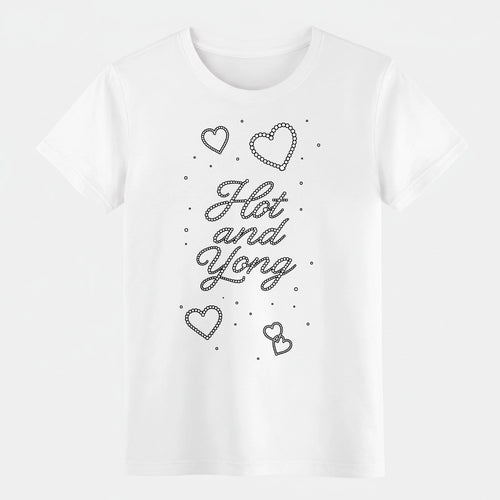 "Hot and Young" Rhinestone-Style Graphic T-Shirt, Cute Hearts Casual Cotton Tee