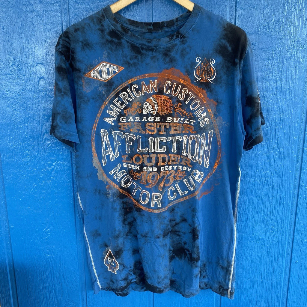Affliction Y2K Gorpcore Motor Club Blue Orange Acid Wash Biker Large Shirt