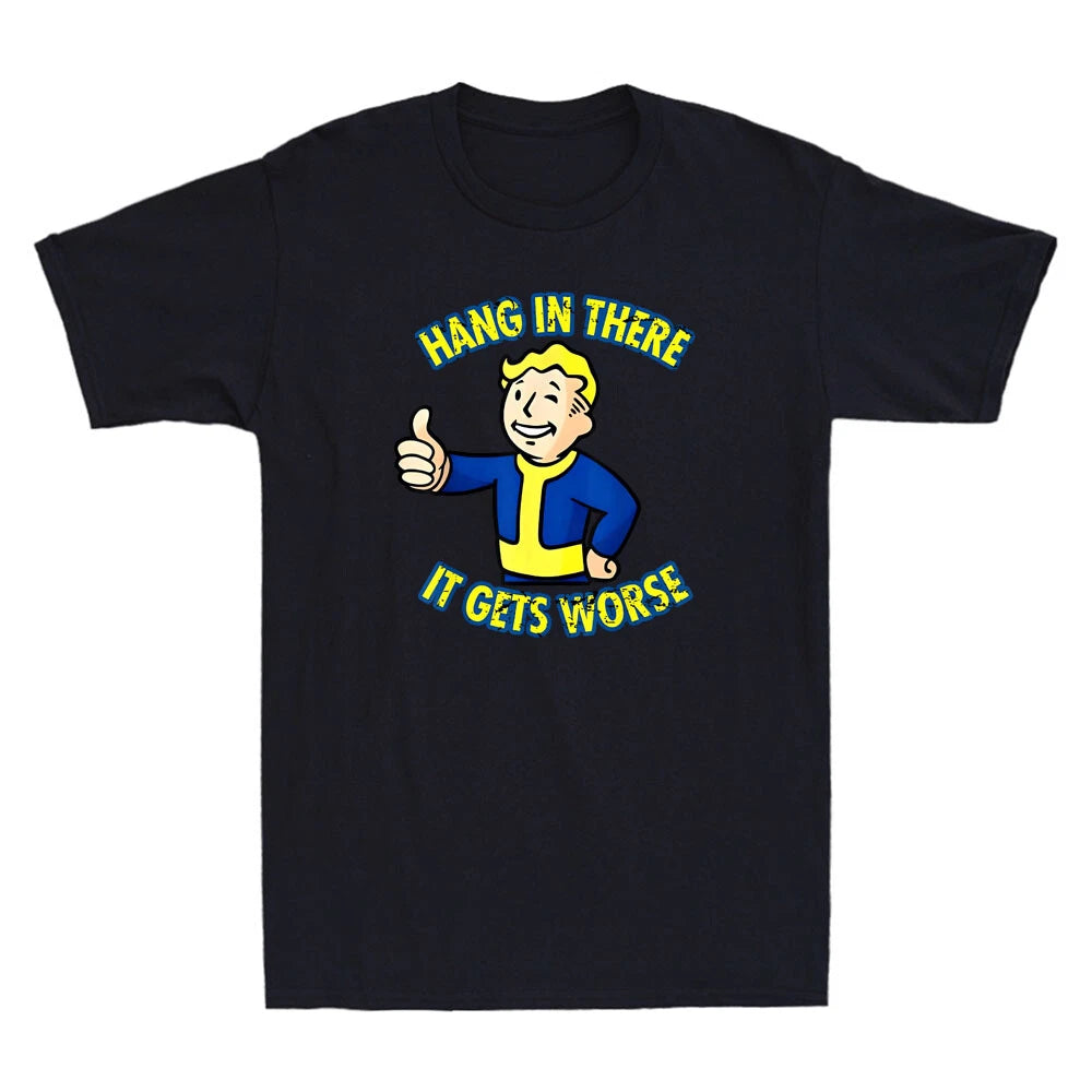 Hang In There It Gets Worse Funny Cartoon Meme Sarcastic Quote Retro Men T-Shirt