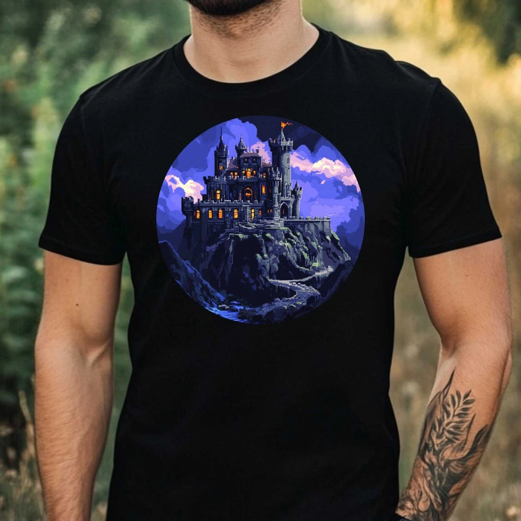 Mens Castle Pixel Art Motif Cotton T-Shirt Size XS to 5XL