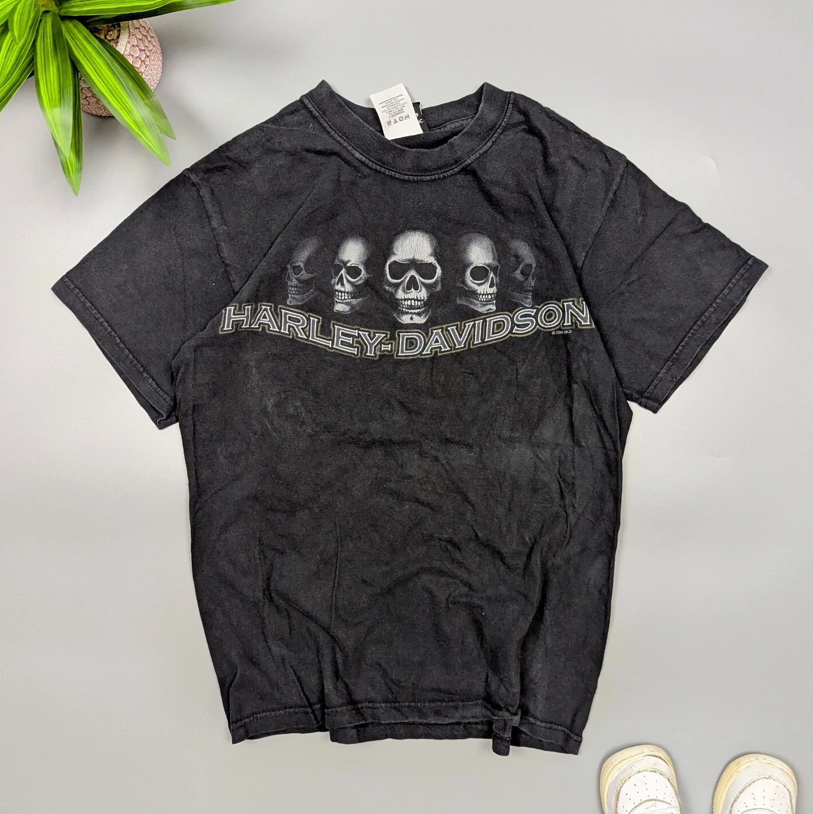 Y2K Harley-Davidson Skull Fitted Black T-Shirt Men's XS/S Grunge Streetwear VTG