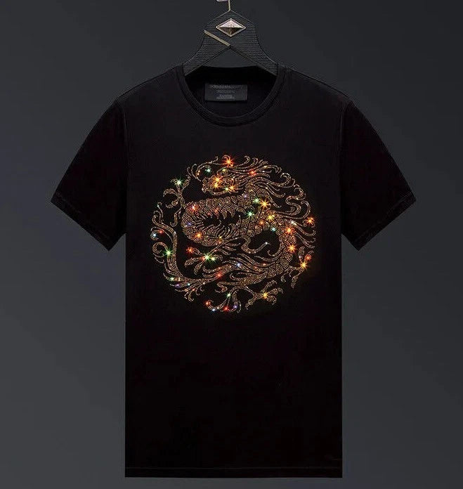 New Men Luxury Diamond Dragon Rhinestones Fashion Black T-Shirt High Quality