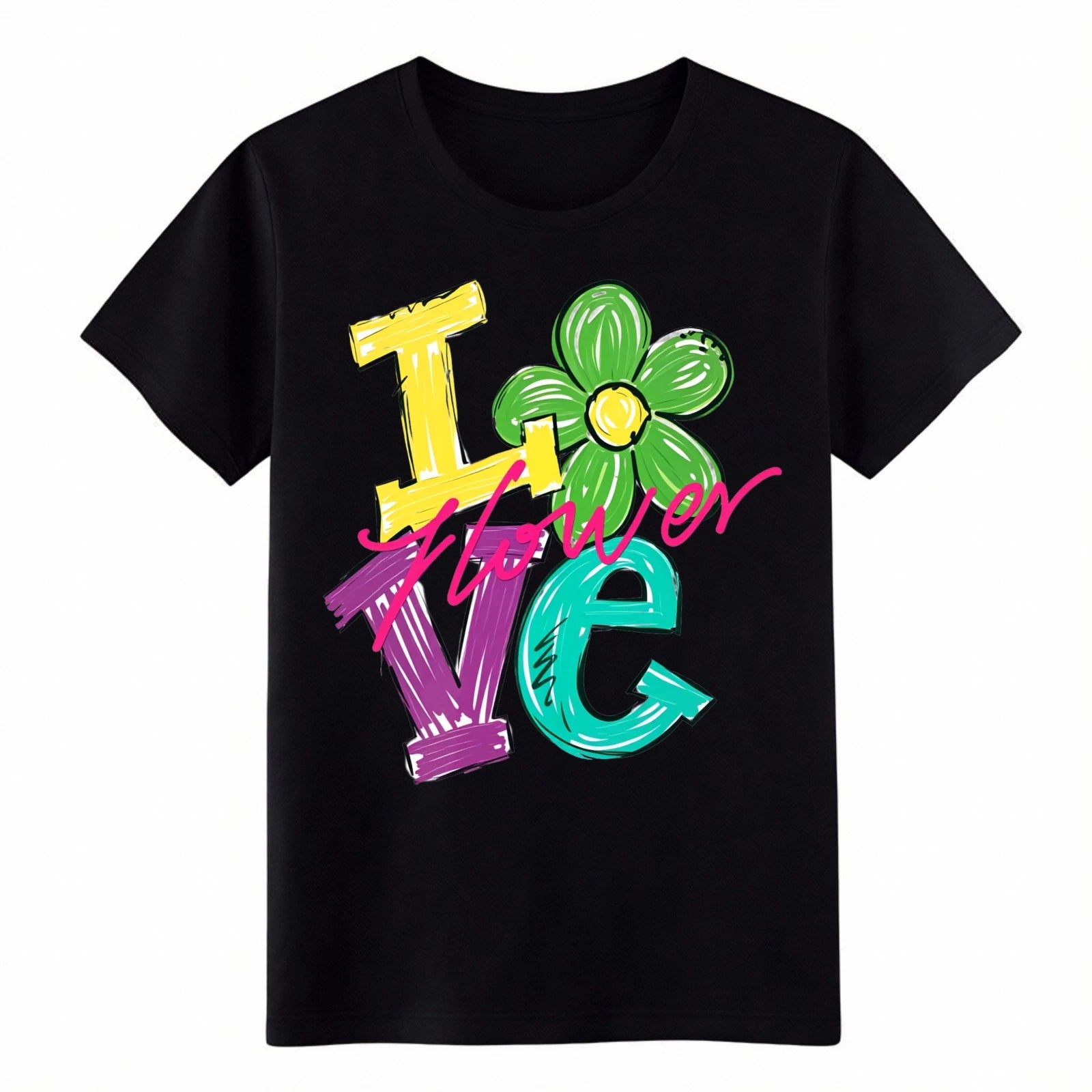Colorful "I Love Flower" Floral Graphic T-Shirt, Spring Nature Casual Cotton Tee