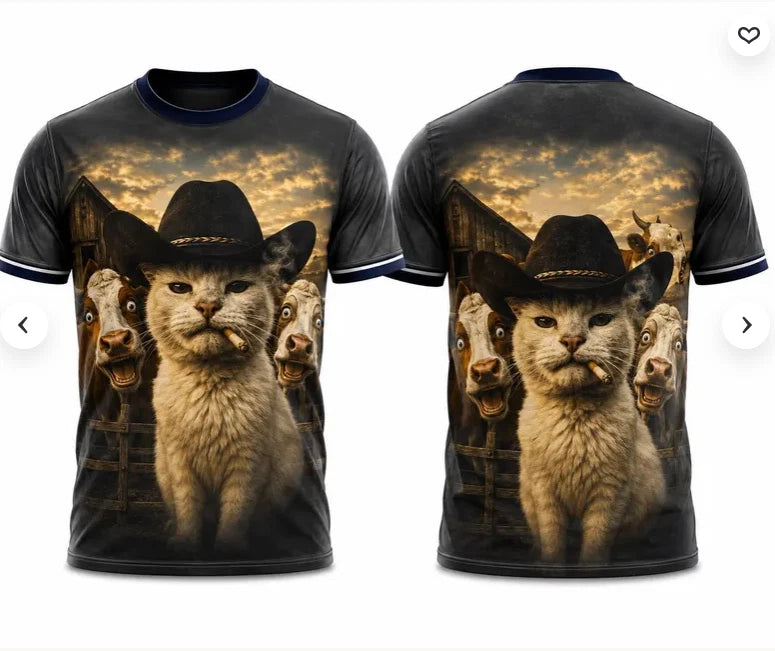 Cowboy Cat T-Shirt, 3D Graphic Meme Tee, Trippy Western Cat Shirt