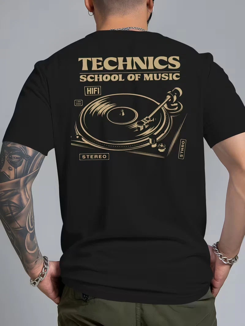 Men’s Technics School of Music Graphic T-Shirt Crew Neck Short Sleeve Top Tee