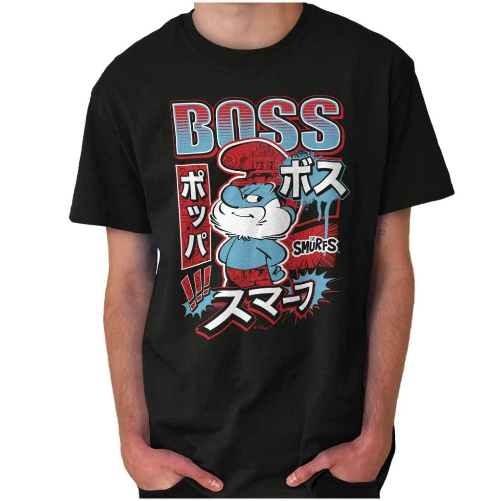 The Smurfs Japanese Kanji Boss Papa Cartoon Mens Casual Crewneck T Shirts Tees