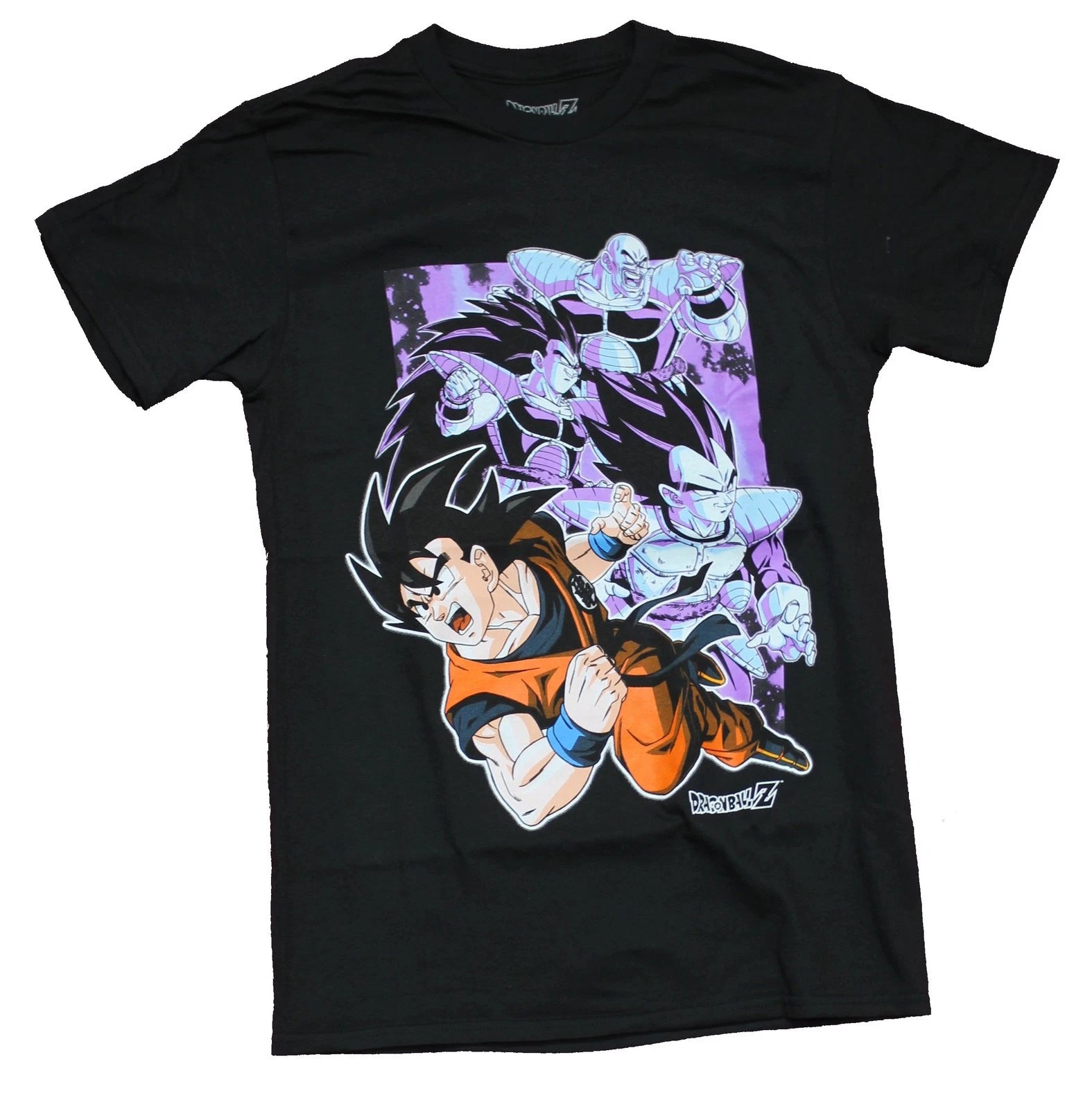 Dragon Ball Z Mens T-Shirt - Colored Goku Over Purple Tint Sayians