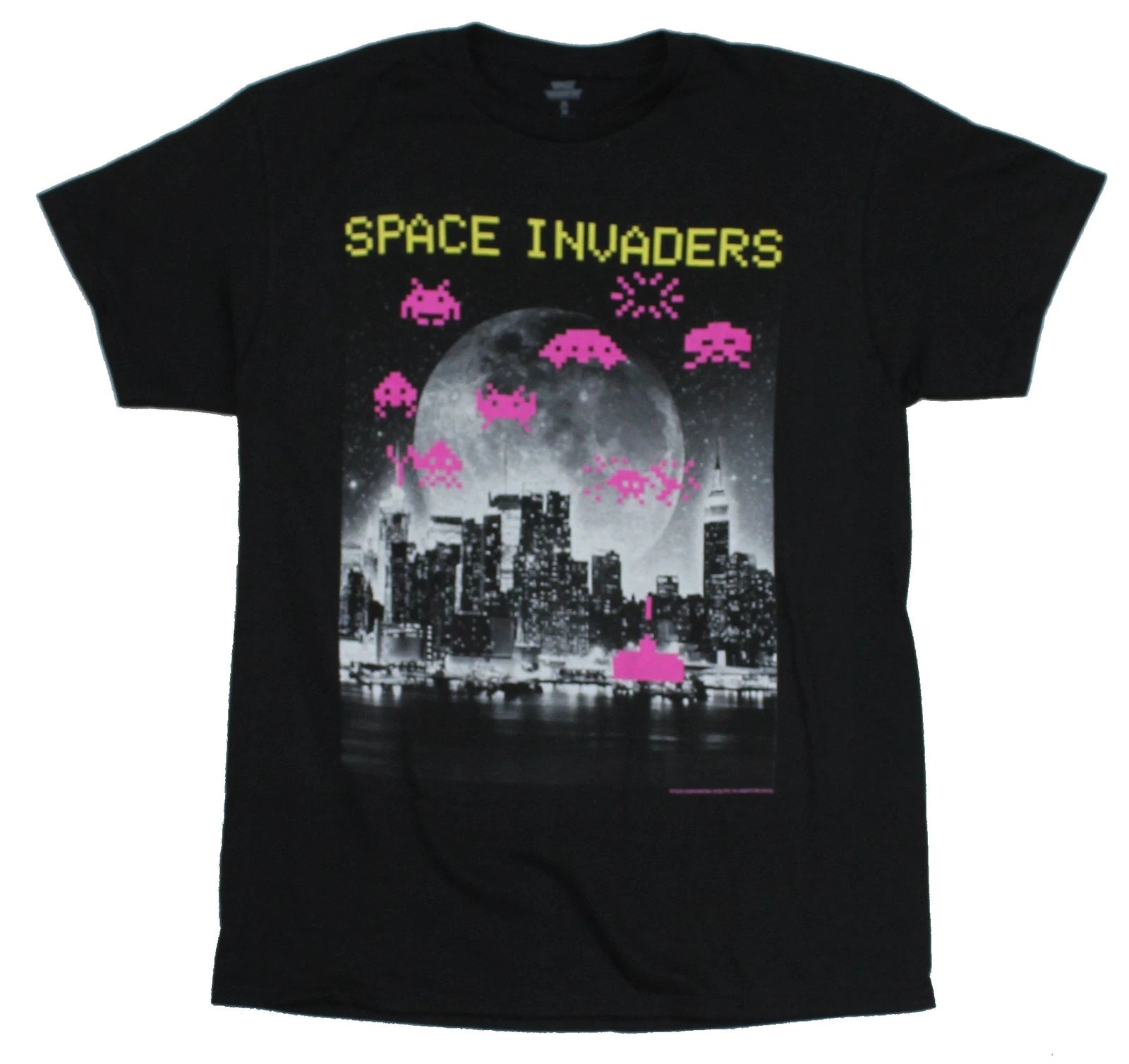 Space Invaders Adult New T-Shirt -  Full City Scape Moon Pic