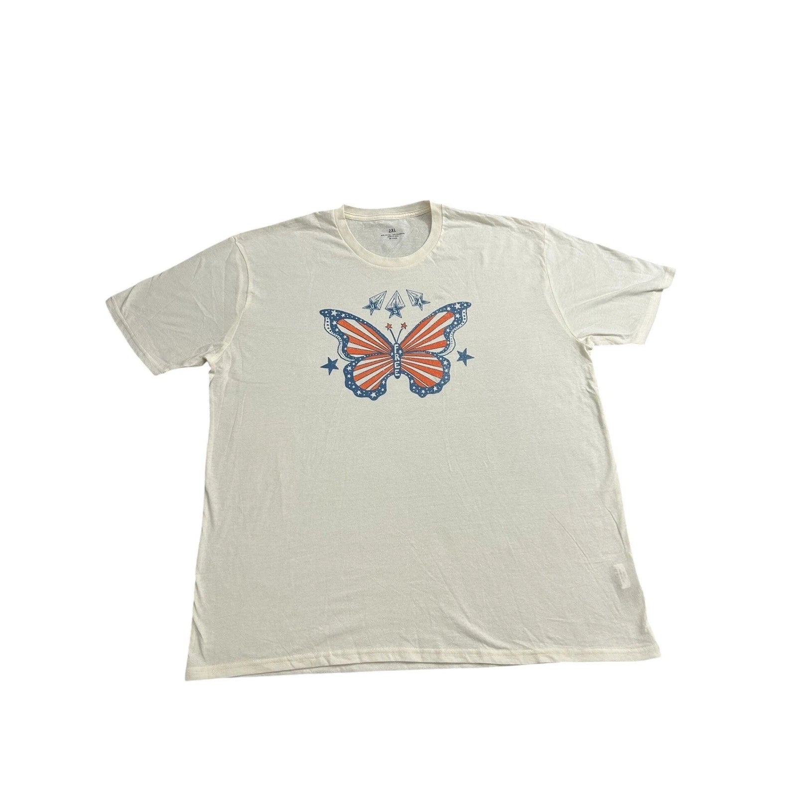 Butterfly Graphic Tee Mens 2XL Cream Patriotic Stars USA Casual Boho Shirt NWT