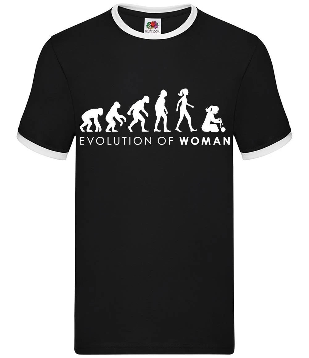 Evolution of Woman Knitting - Mens Ringer - Craft Knitter Creative Hobby
