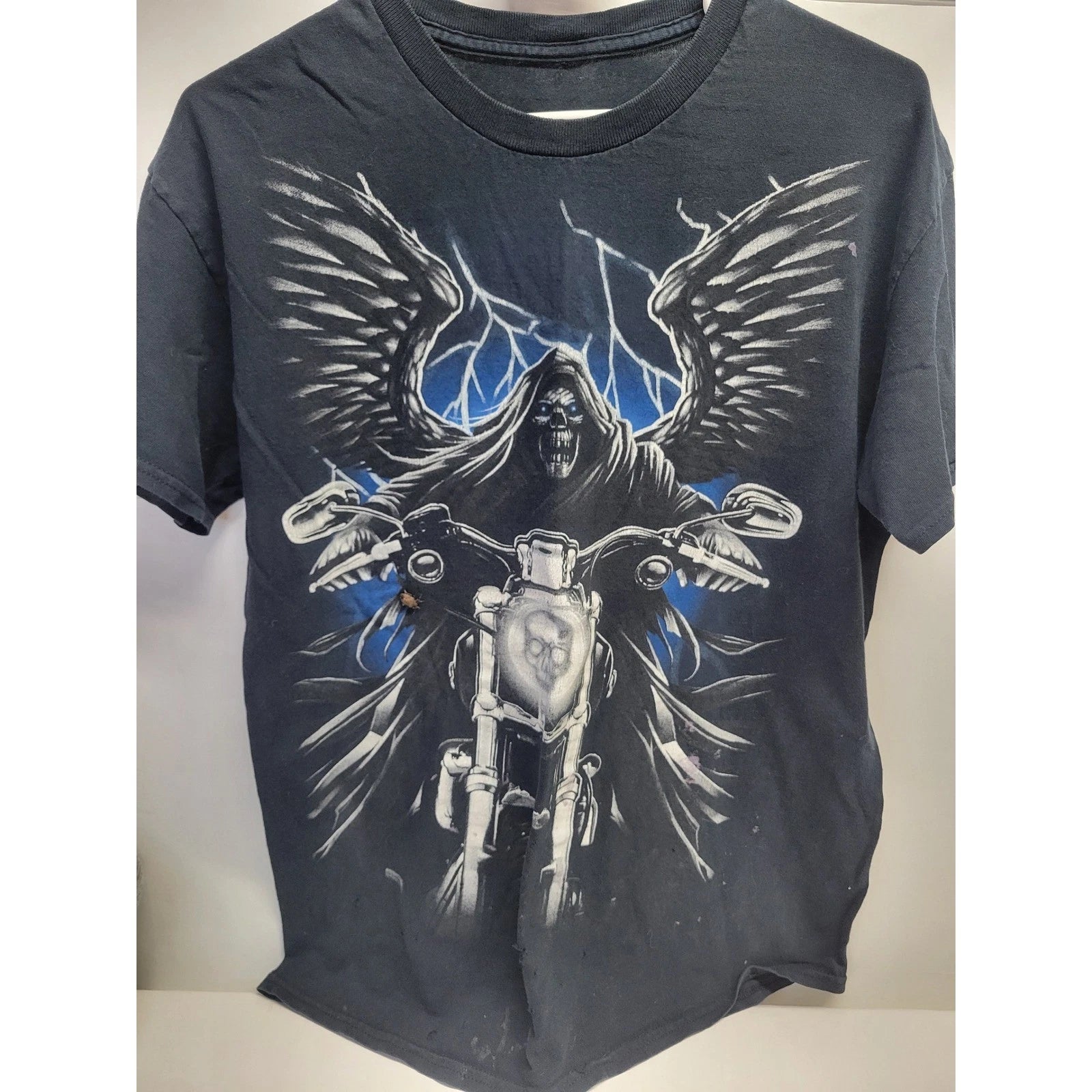 Vtg Grim Reaper Motorcycle TShirt Black grunge distressed Graphic Print Sz L