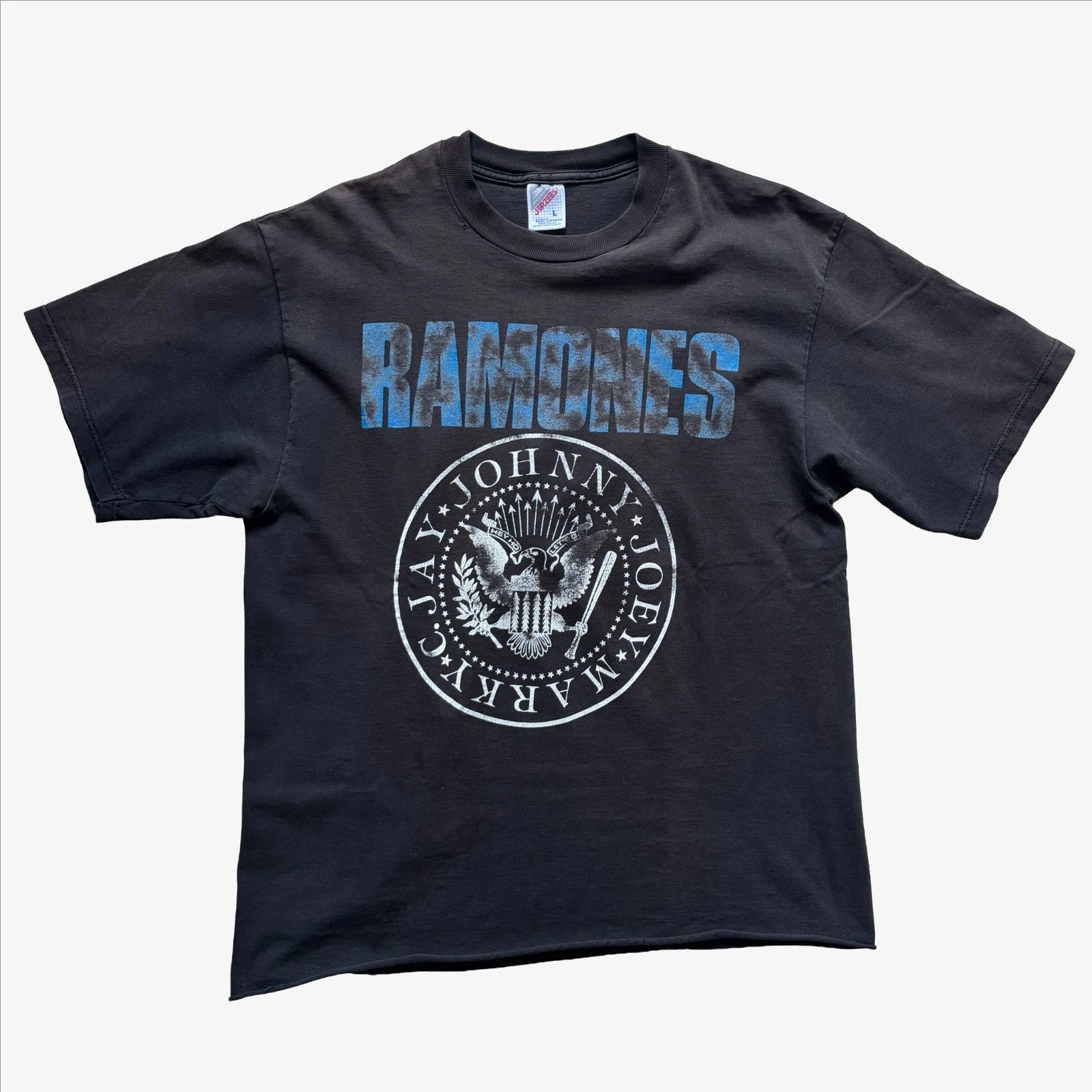 90s Vintage Ramones Blue Rusted Band Logo T-Shirt Large