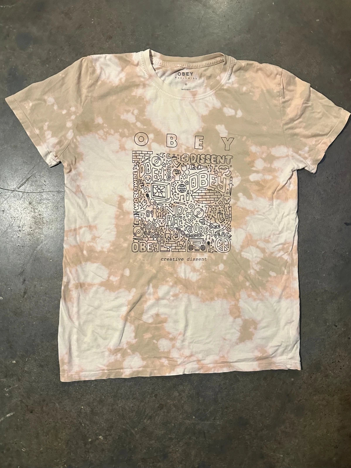 Obey Tie Dye Graphic T Shirt Mens Medium Beige Pink Streetwear Creative Dissent