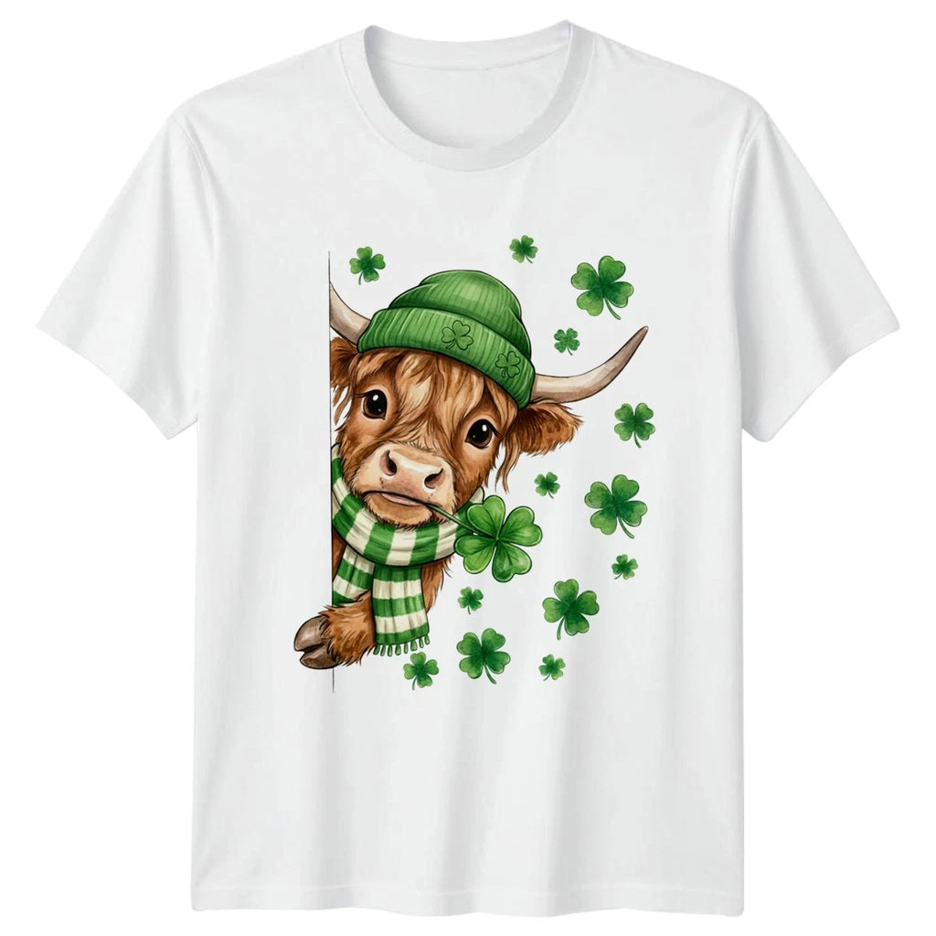 Cute Highland Cow Peeking Green T-Shirt St Patricks Day Highland Cow