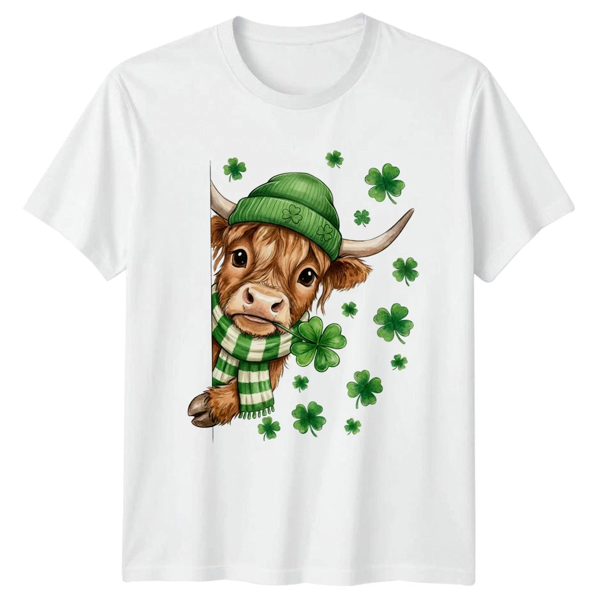Cute Highland Cow Peeking Green T-Shirt St Patricks Day Highland Cow