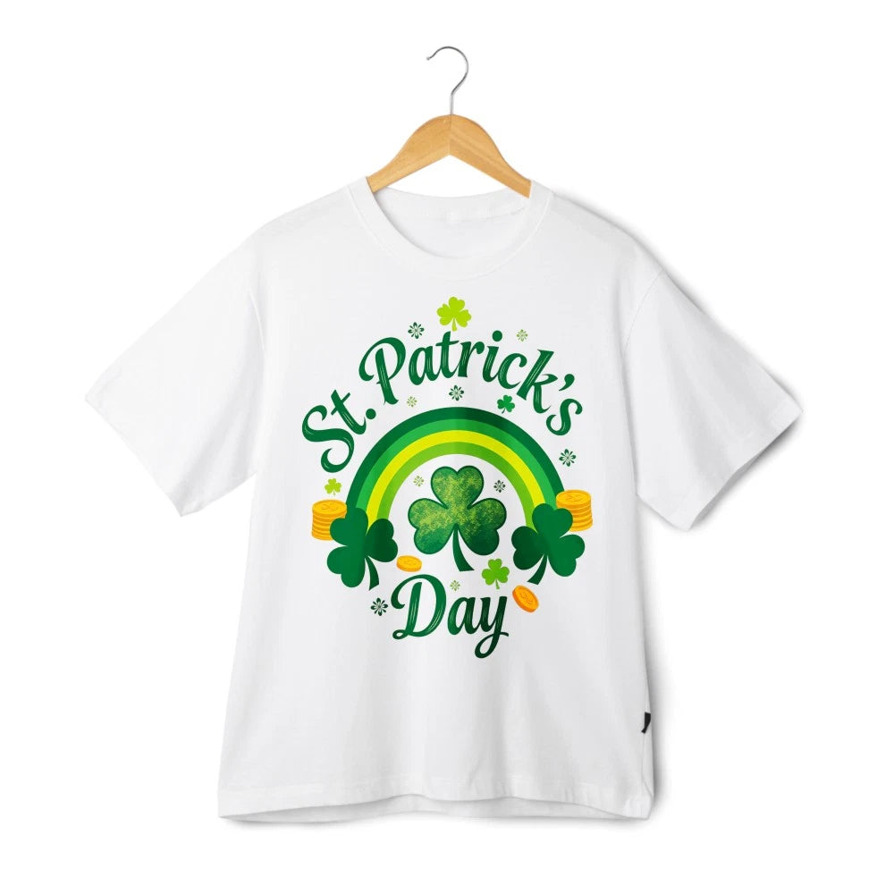 Unisex Tshirt St Patrick's Day Shamrock Rainbow Clover Lucky Coins Black White