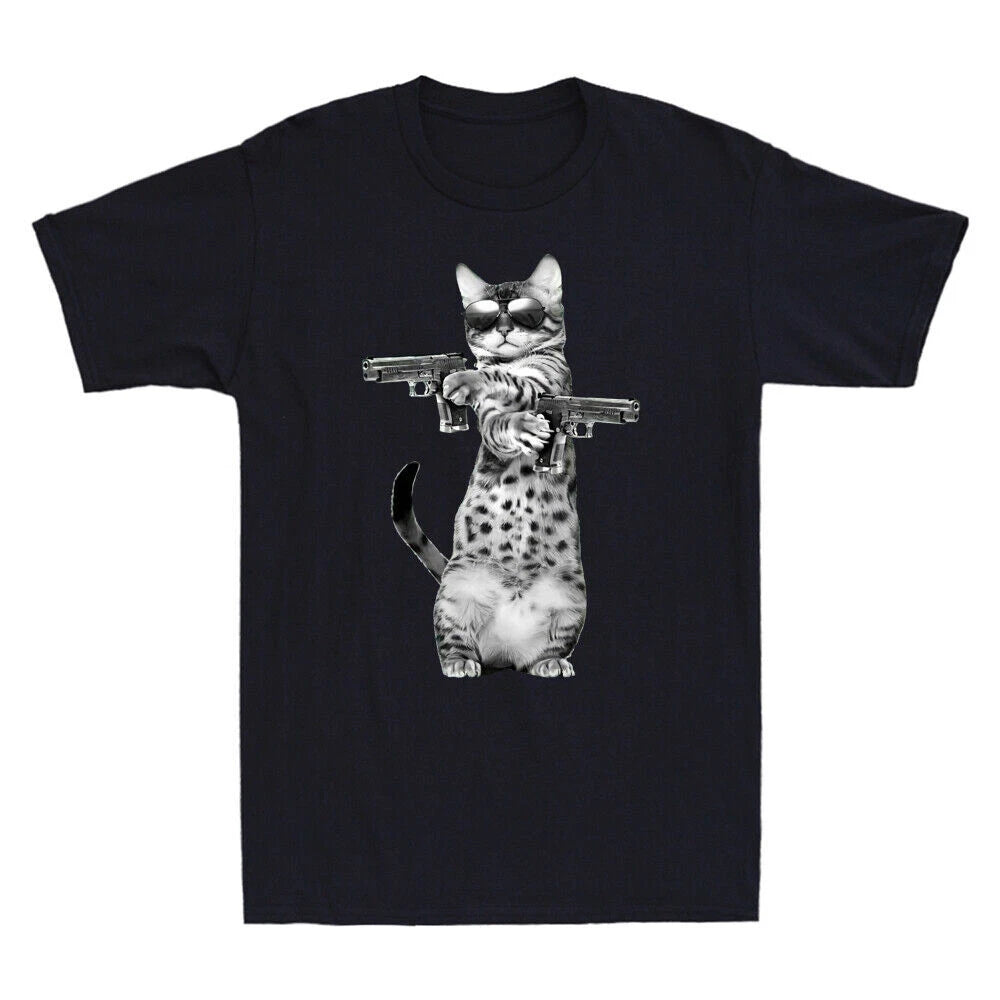 Cat Gangster With Gun Meme Funny Gift Lover Cat Novelty Men's Cotton T-Shirt Tee