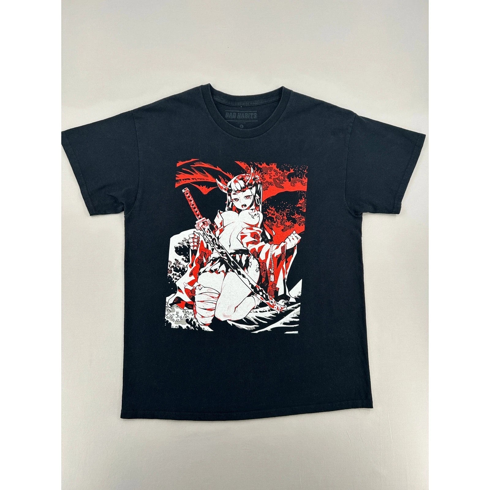 Bad Habits Mens Anime Katana Graphic T-Shirt Black Large Streetwear