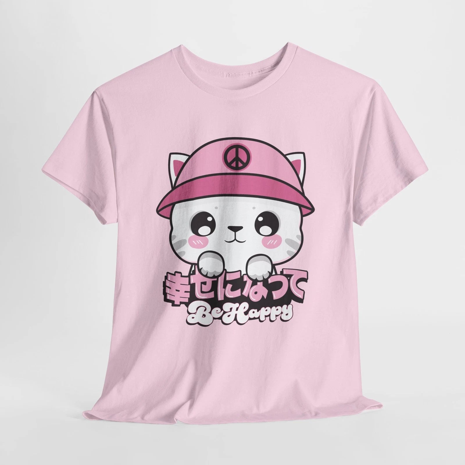 Cute Kawaii Cat Be Happy T-Shirt, Peace and Love, 5 Colors, Fun Cat Lover Gift