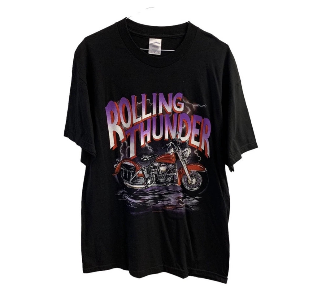 VTG Y2K Rolling Thunder Biker T Shirt Size 2XL Men Black Purple Edgy Crew Neck