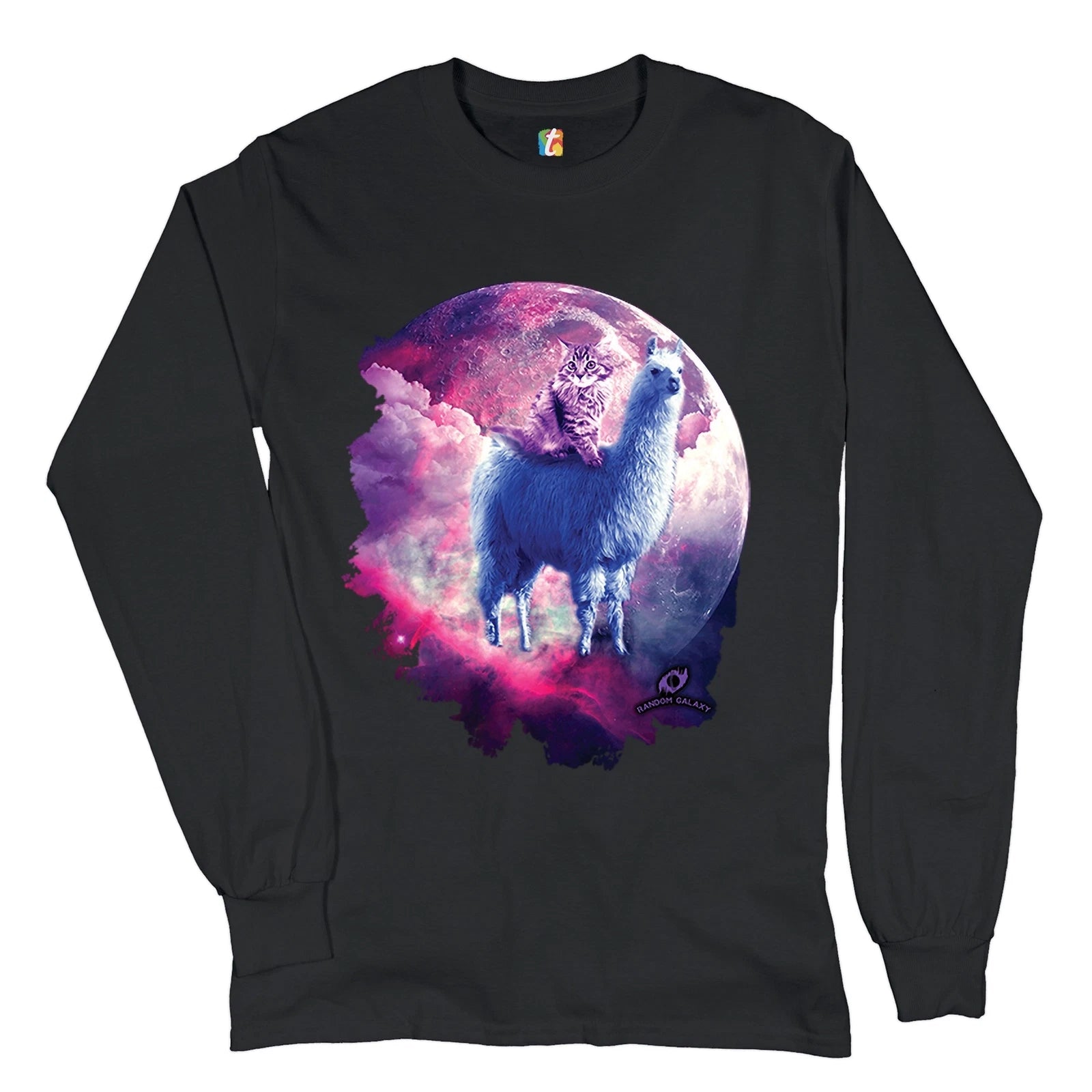 Cat Riding a Llama in Space Long Sleeve T-shirt Weird Galaxy Moon Creative