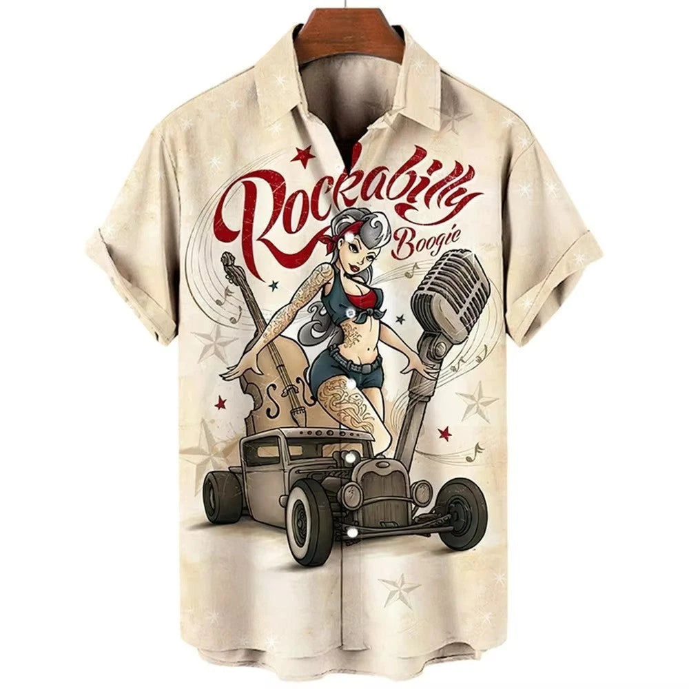 Mens Button Down Rockabilly Boogie Pinup Hawaiian Top Novelty Holiday Gift Shirt