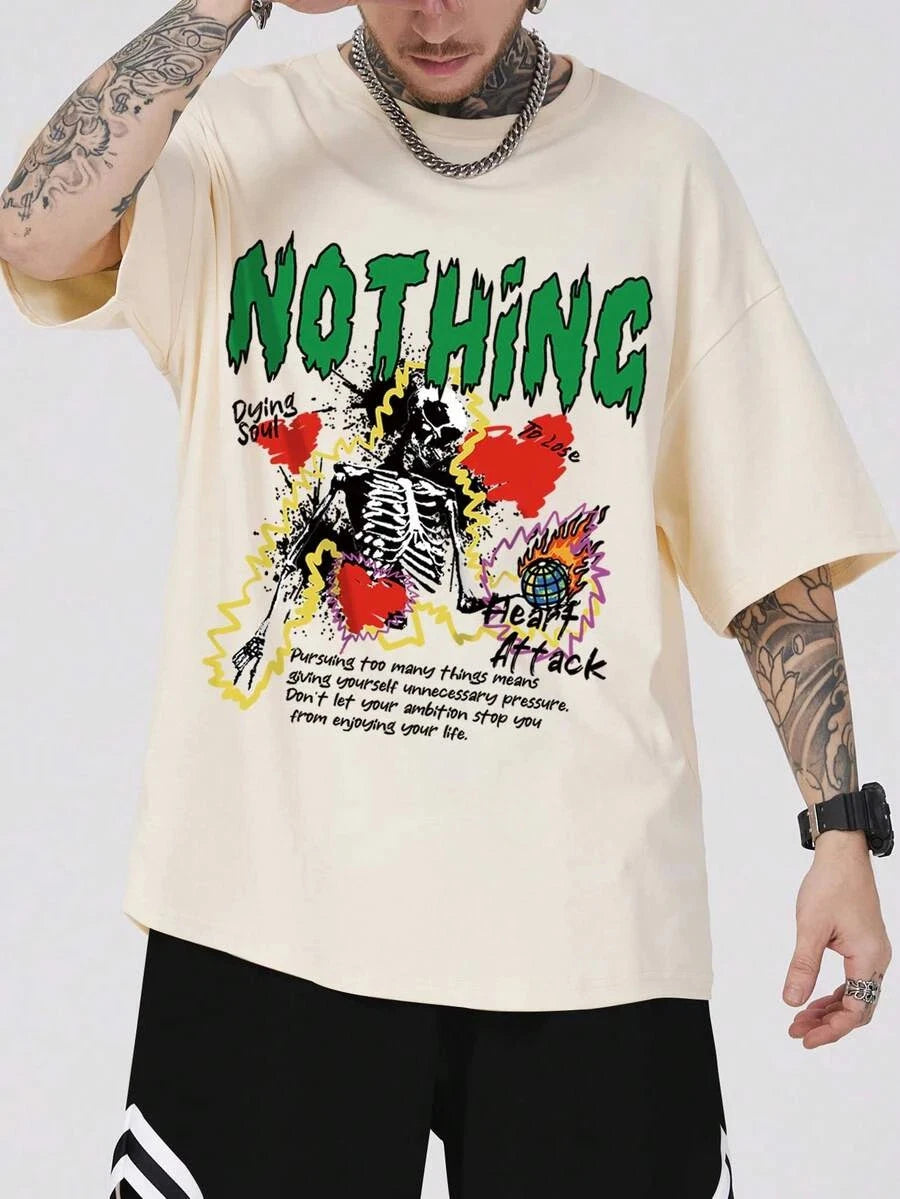 Guys Slogan & Skull Graphic Tee – Edgy Streetwear T-Shirt, Dark Aesthetic