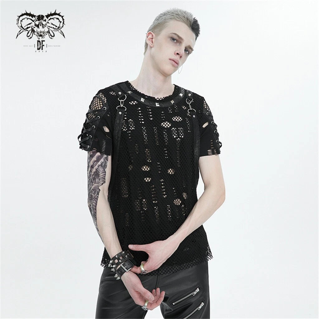 Devil Fashion Men Gothic Punk Black Slim Fit Mesh T-Shirt With Detachable Straps