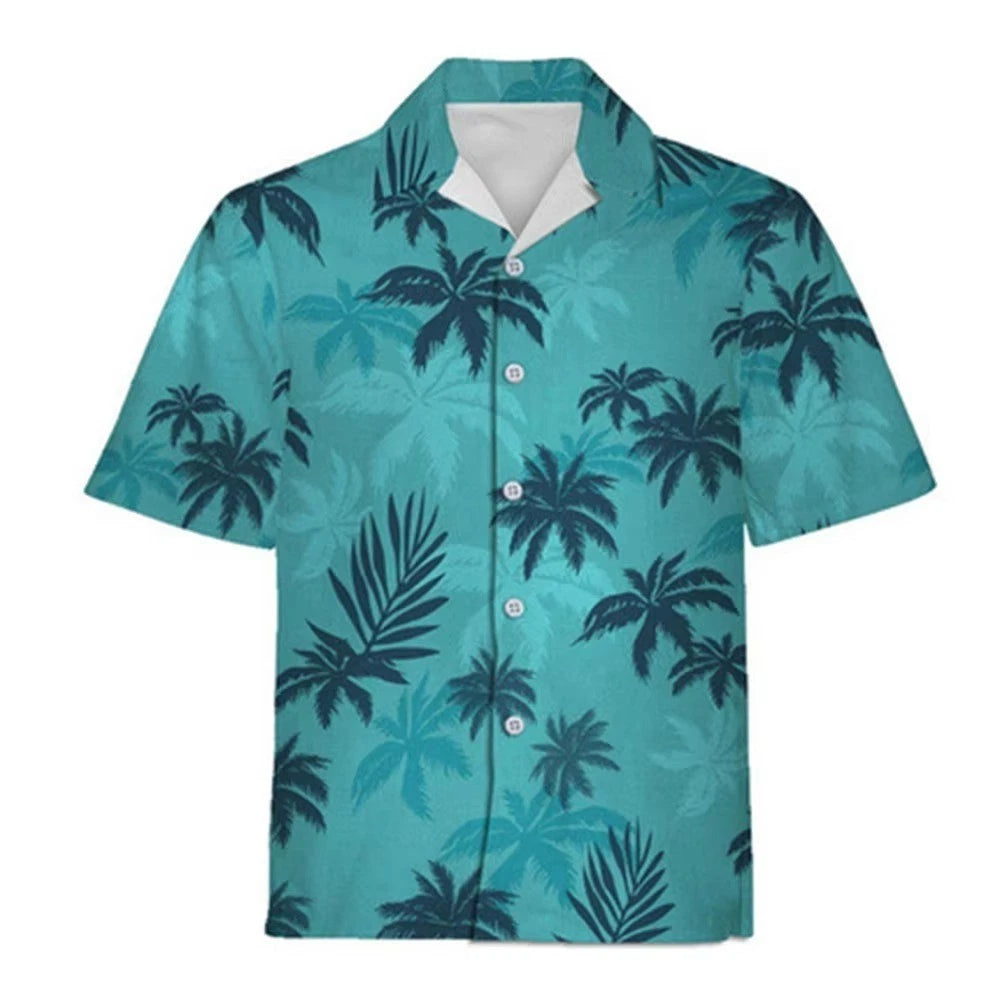 Mens Button Down Teal Palm Tree Print Hawaiian Top Novelty Holiday Summer Shirt