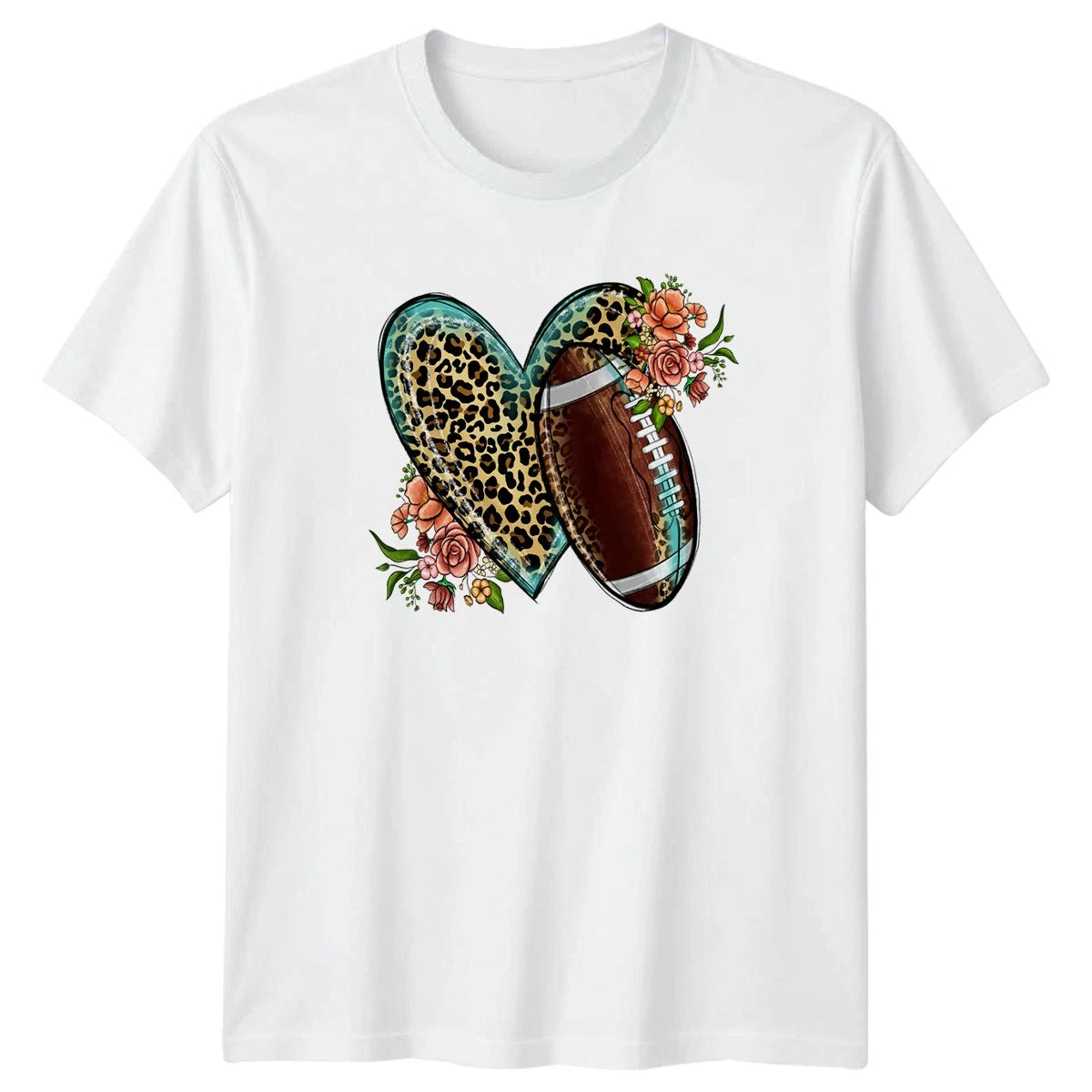 Leopard Print Football Heart Love Womens T-Shirt Boho Floral American Football