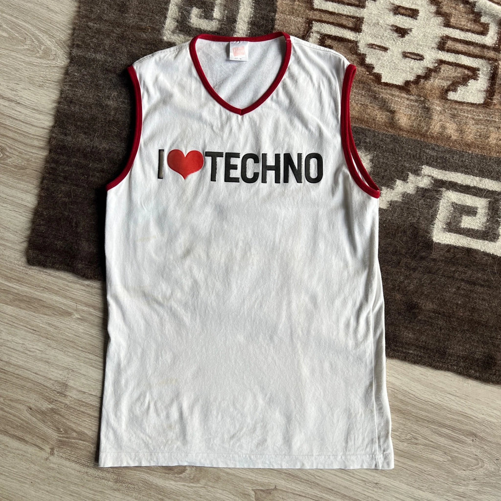 Vintage Hanes I Love Techno Sleeveless Ringer Tee  White Red Y2K Mens M W's L