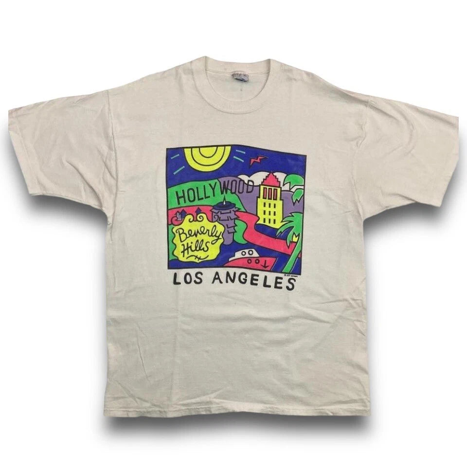 VTG 90s USA Liquid Blue Los Angeles Hollywood Pop Art T Shirt Mens XL White Rare