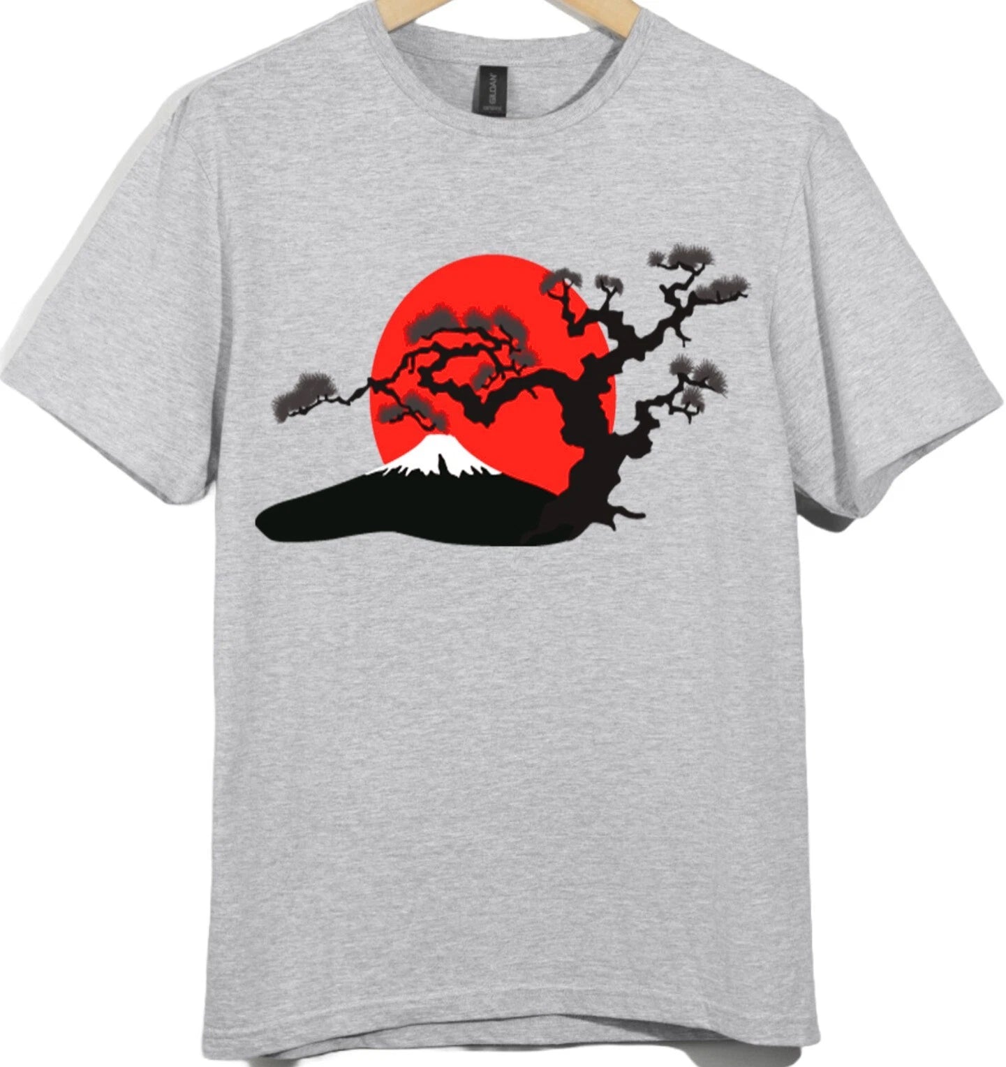 Bonsai Tree Mountain T-Shirt Rising Sun Asian Art Zen Nature Graphic Print Tee.