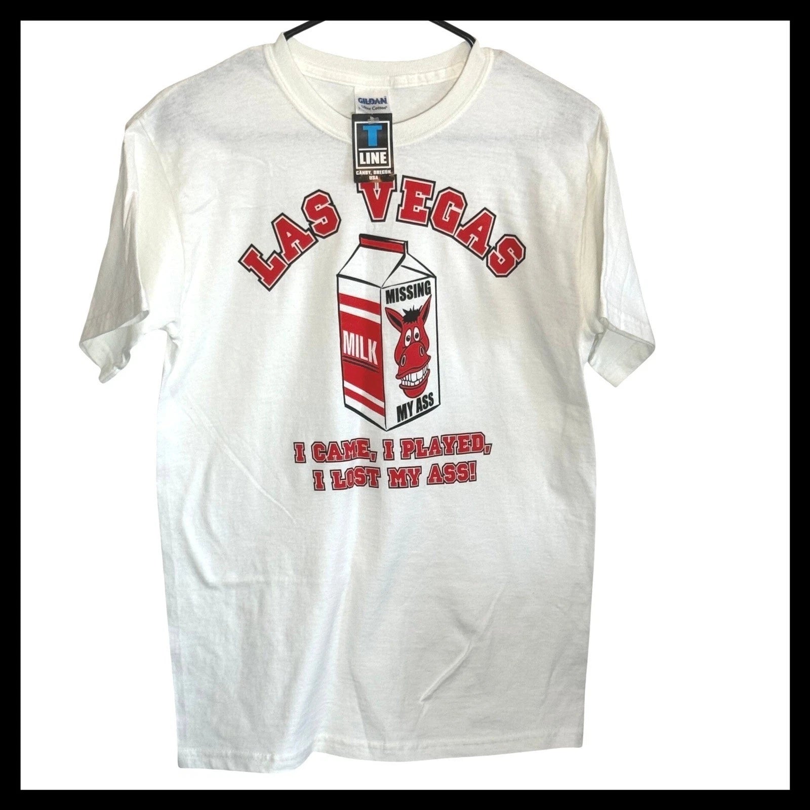 NWT Gildan Las Vegas Lost My Ass Funny Graphic T-Shirt White Mens Small NWT
