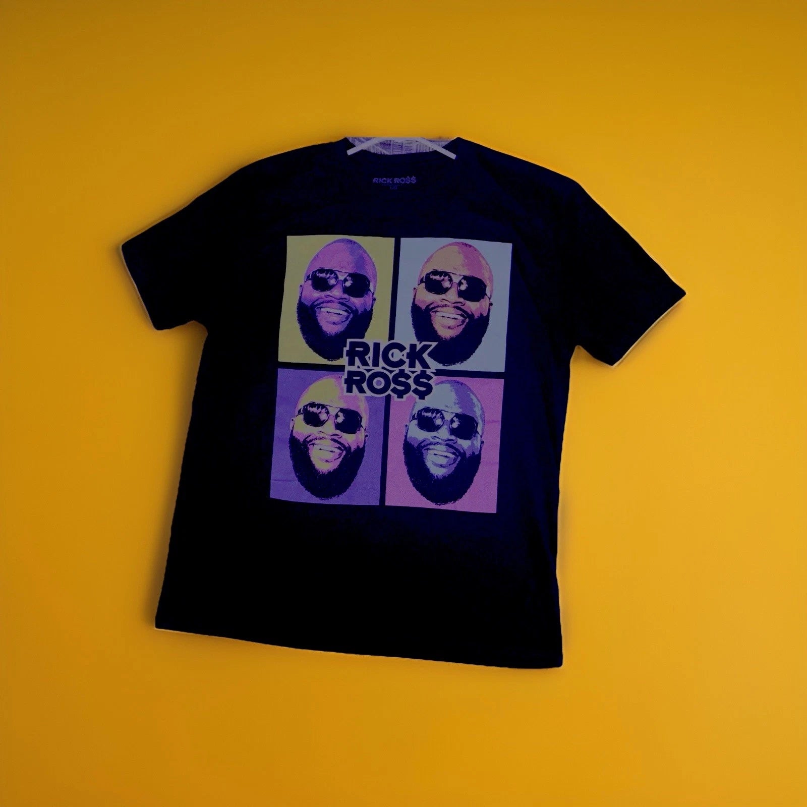 RICK ROSS pop art graphic tee shirt, short sleeves,  Black, Size Large