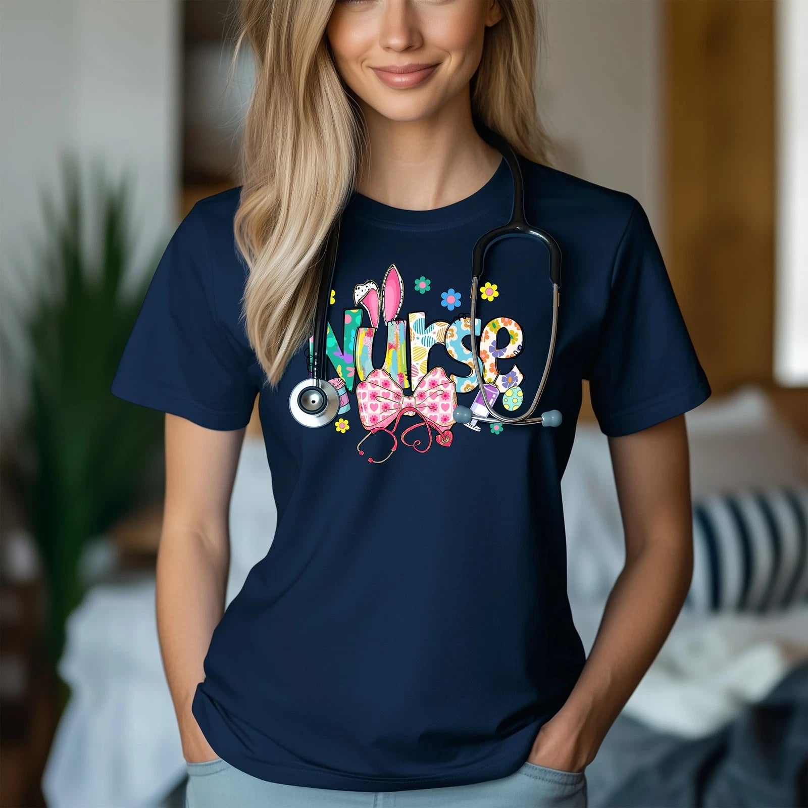 Nurse Bunny Ears & Bow Cute Colorful Unisex T-Shirt | Trendy Nurse Easter Tee
