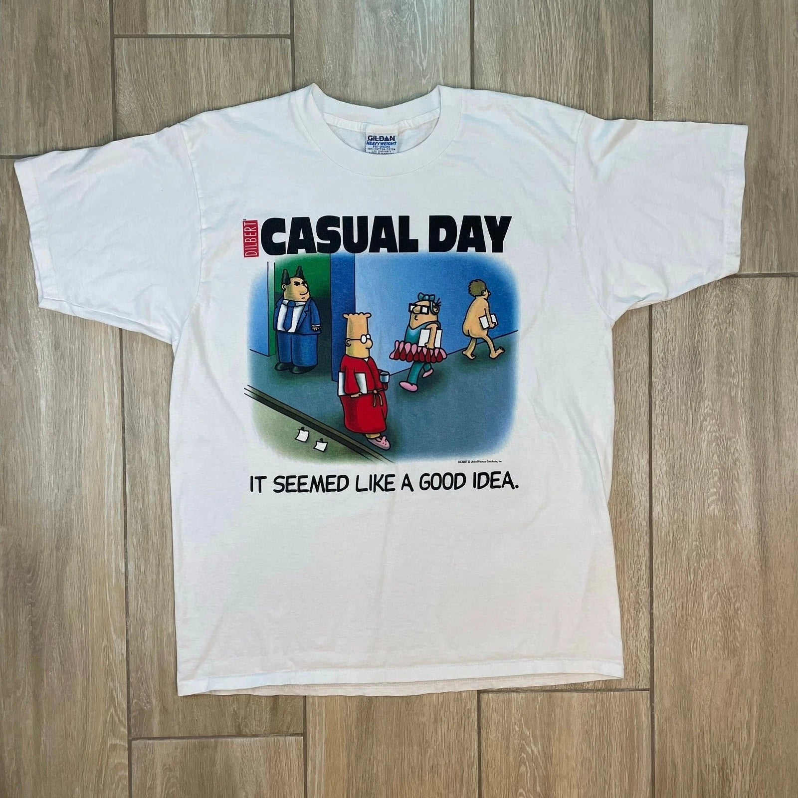 Vintage Dilbert Casual Day T Shirt XL Gildan Heavyweight Comic Office Humor